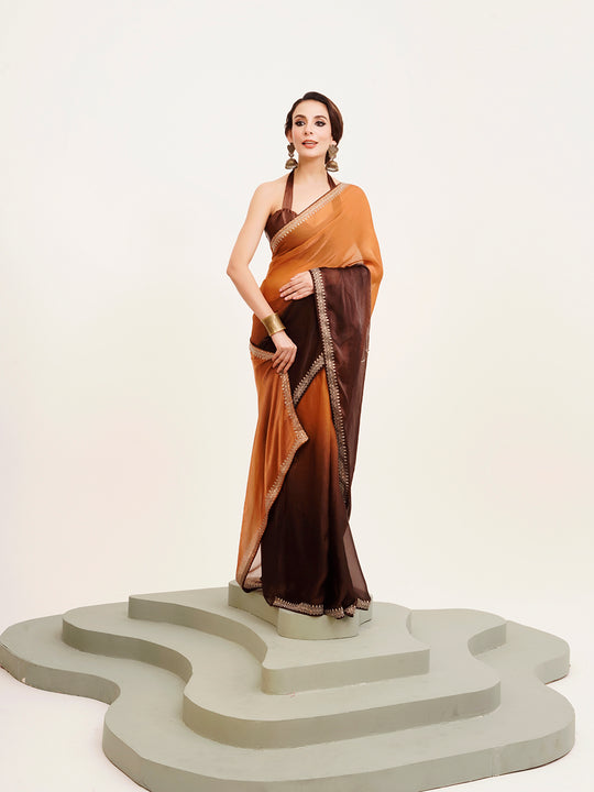 Brown Ombre Embellished Beads And Stones Pure Chiffon Saree