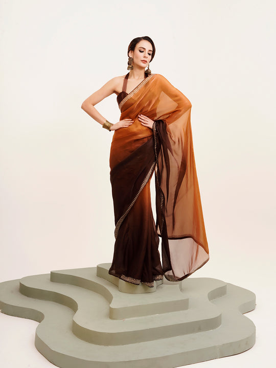 Brown Ombre Embellished Beads And Stones Pure Chiffon Saree