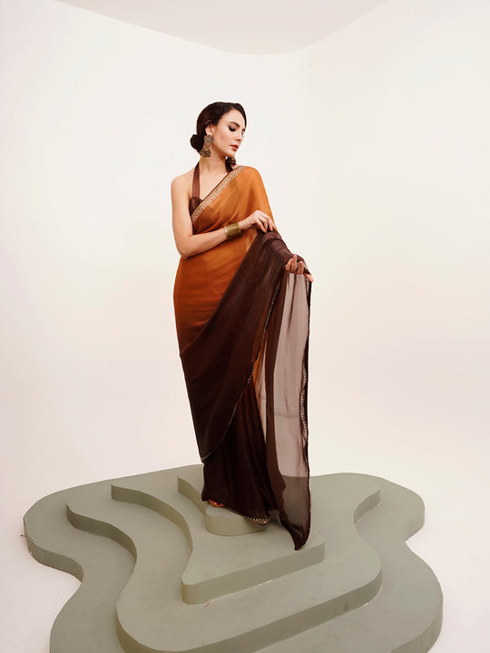 Brown Ombre Embellished Beads And Stones Pure Chiffon Saree