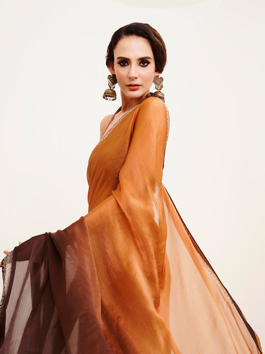 Brown Ombre Embellished Beads And Stones Pure Chiffon Saree