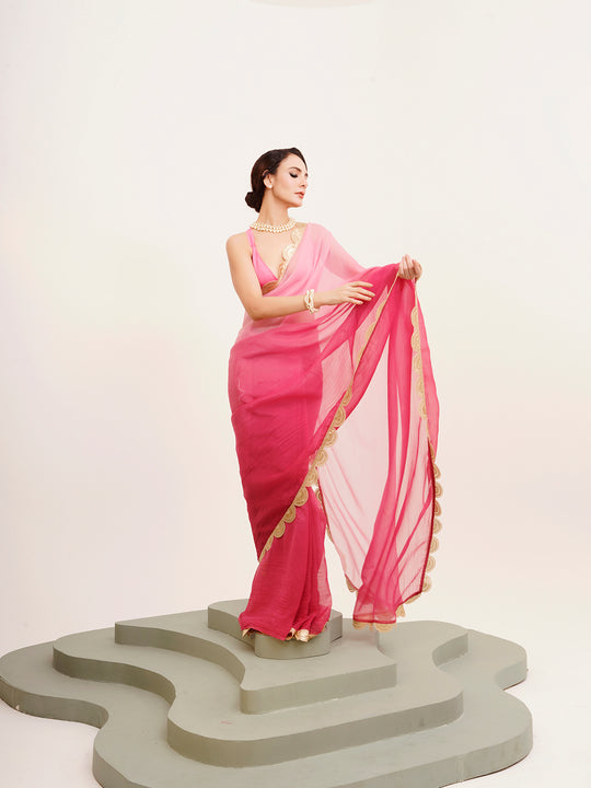 Pink Ombre Sequinned Lace Pure Chiffon Saree