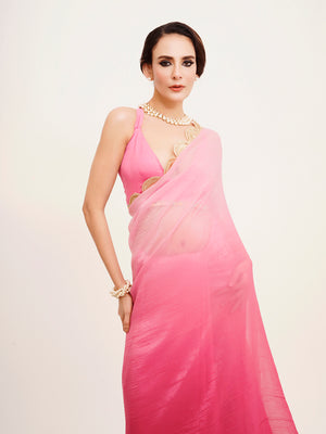 Pink Ombre Sequinned Lace Pure Chiffon Saree