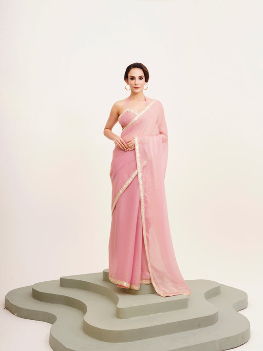 Pink Sequinned Lace Pure Chiffon Saree