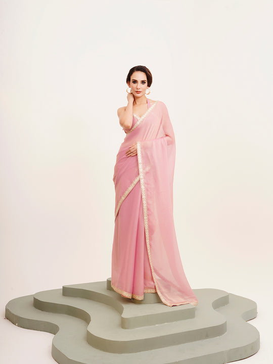 Pink Sequinned Lace Pure Chiffon Saree