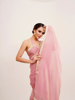 Pink Sequinned Lace Pure Chiffon Saree