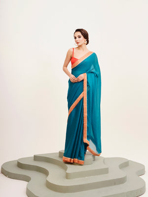 Teal Sequinned Lace Pure Chiffon Saree