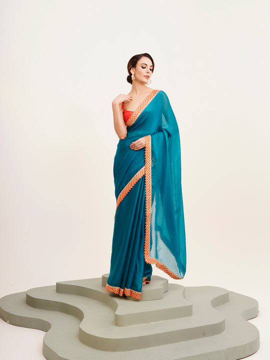 Teal Sequinned Lace Pure Chiffon Saree