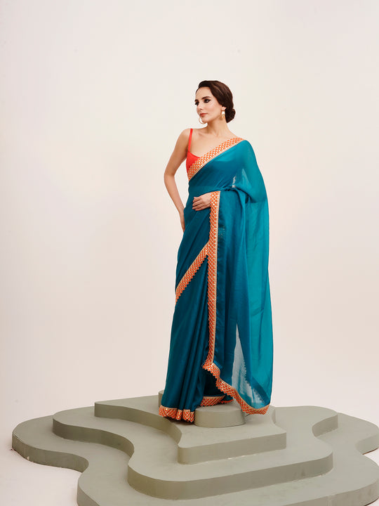 Teal Sequinned Lace Pure Chiffon Saree
