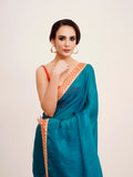 Teal Sequinned Lace Pure Chiffon Saree