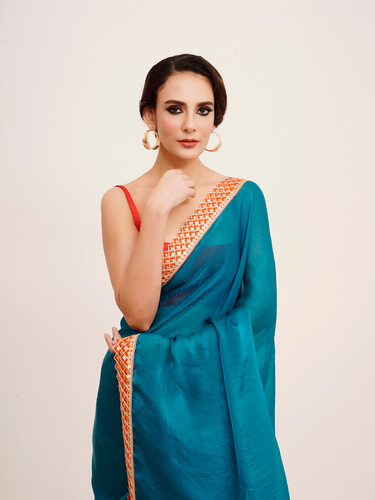 Teal Sequinned Lace Pure Chiffon Saree
