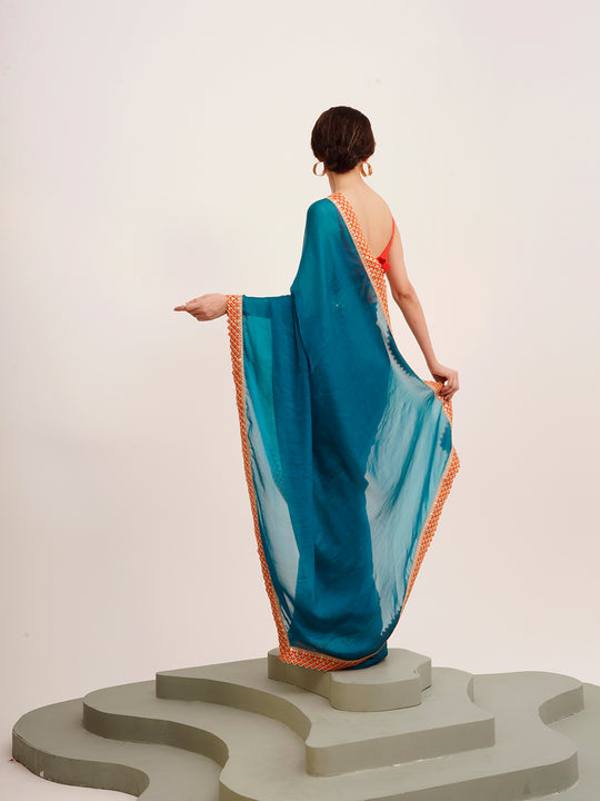 Teal Sequinned Lace Pure Chiffon Saree