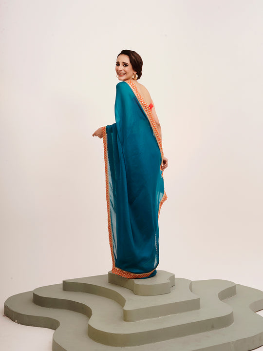 Teal Sequinned Lace Pure Chiffon Saree