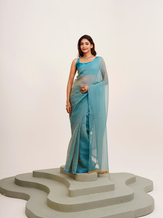 Blue Solid Satin Saree With Blouse Piece