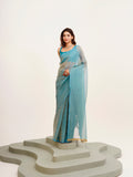 Blue Solid Satin Saree With Blouse Piece