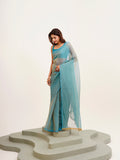 Blue Solid Satin Saree With Blouse Piece