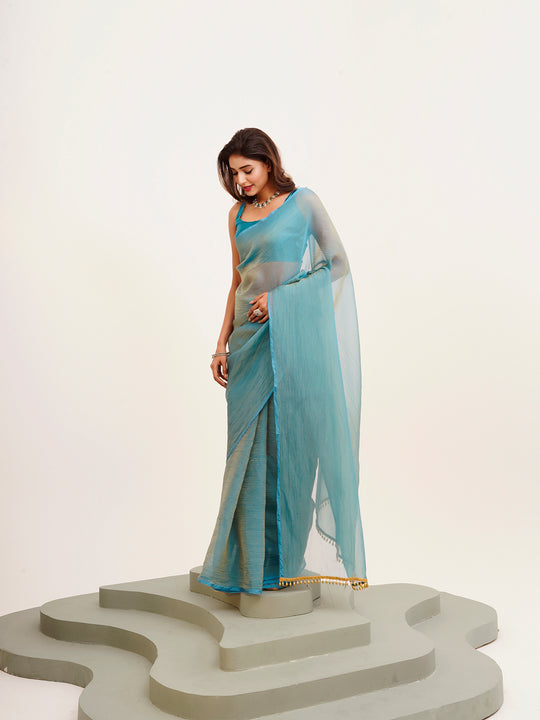 Blue Solid Satin Saree With Blouse Piece