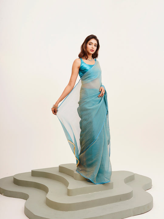 Blue Solid Satin Saree With Blouse Piece