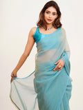 Blue Solid Satin Saree With Blouse Piece