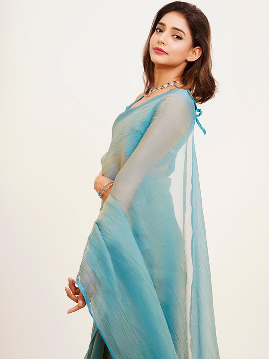 Blue Solid Satin Saree With Blouse Piece