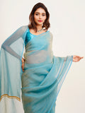 Blue Solid Satin Saree With Blouse Piece