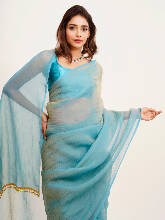 Blue Solid Satin Saree With Blouse Piece