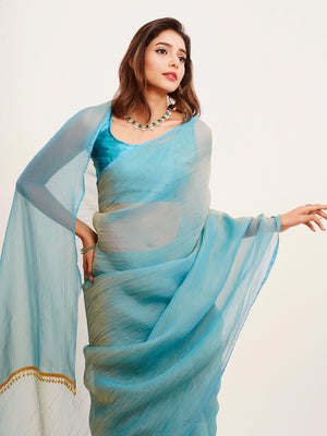 Blue Solid Satin Saree With Blouse Piece