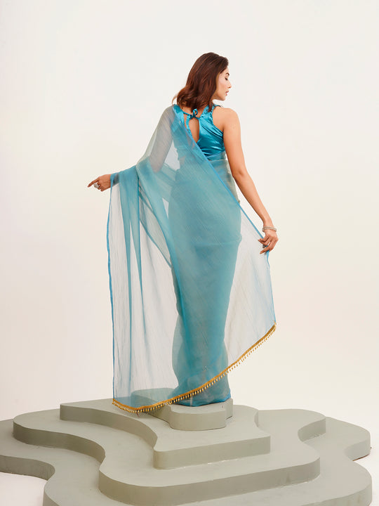Blue Solid Satin Saree With Blouse Piece