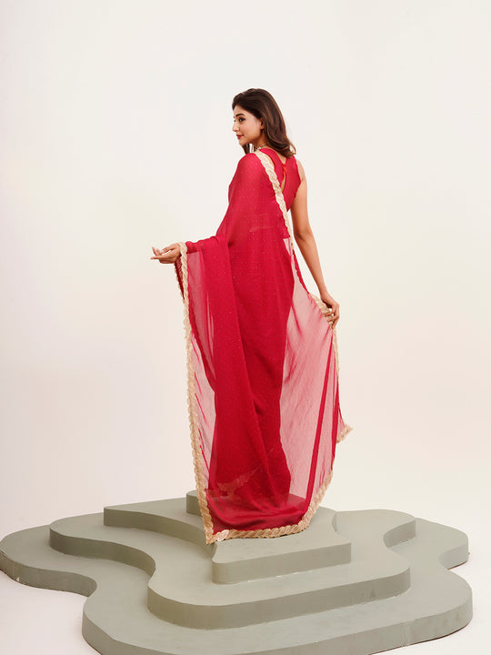 Red Embellished Sequinned Chiffon Saree