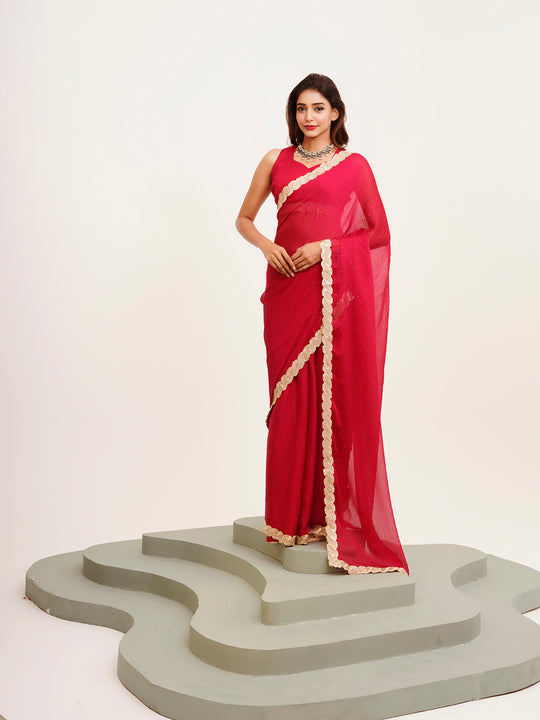 Red Embellished Sequinned Chiffon Saree