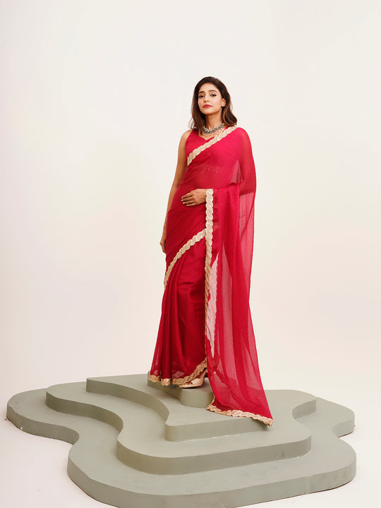Red Embellished Sequinned Chiffon Saree