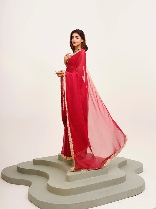 Red Embellished Sequinned Chiffon Saree