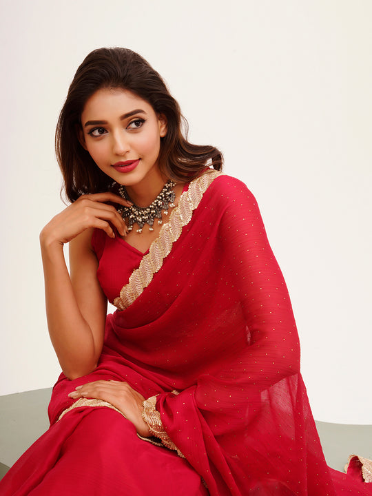 Red Embellished Sequinned Chiffon Saree