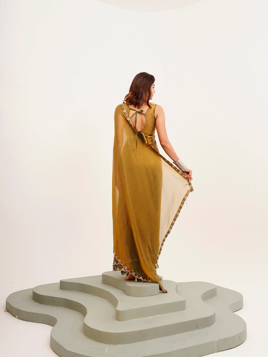 Rust Beads And Stones Satin Saree