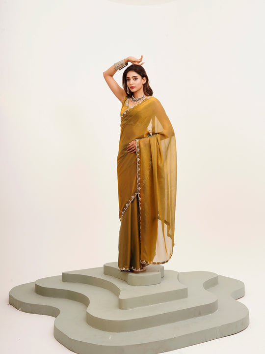 Rust Beads And Stones Satin Saree
