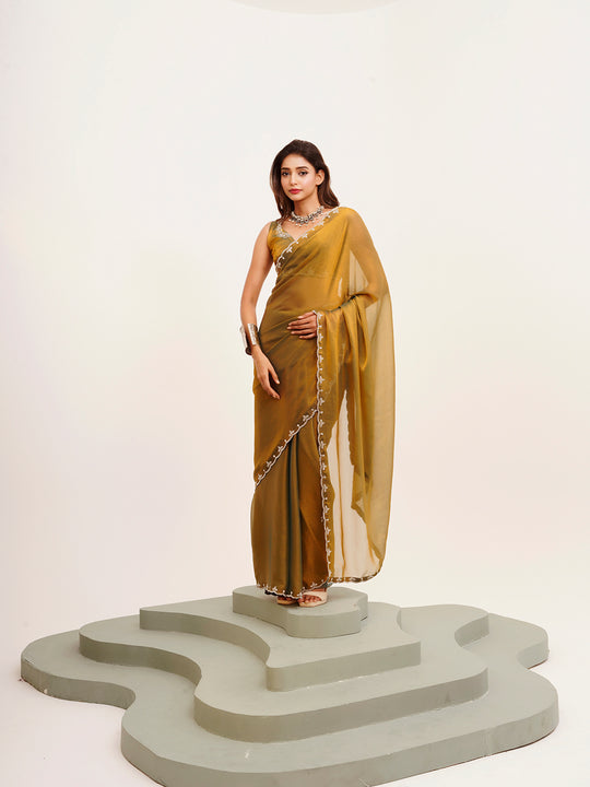 Rust Beads And Stones Satin Saree