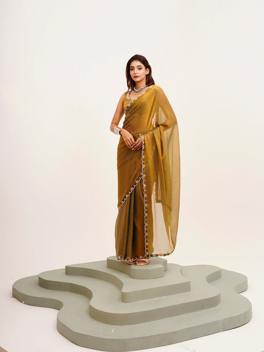 Rust Beads And Stones Satin Saree