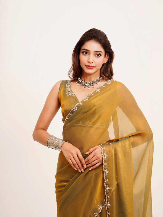 Rust Beads And Stones Satin Saree