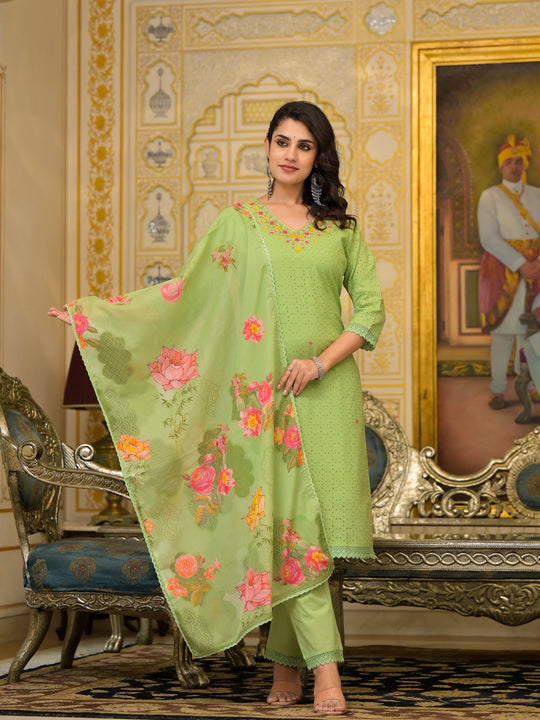 Zari Threadwork Cotton Schiffli Kurta Solid Pants and Lace bordered Dupatta