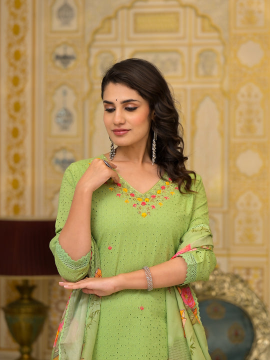 Zari Threadwork Cotton Schiffli Kurta Solid Pants and Lace bordered Dupatta