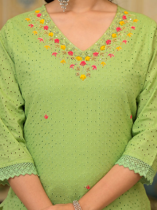 Zari Threadwork Cotton Schiffli Kurta Solid Pants and Lace bordered Dupatta