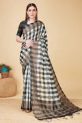 Black & White Cotton Silk Saree With Blouse Piece