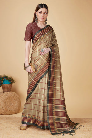 Beige Cotton Silk Saree With Blouse Piece