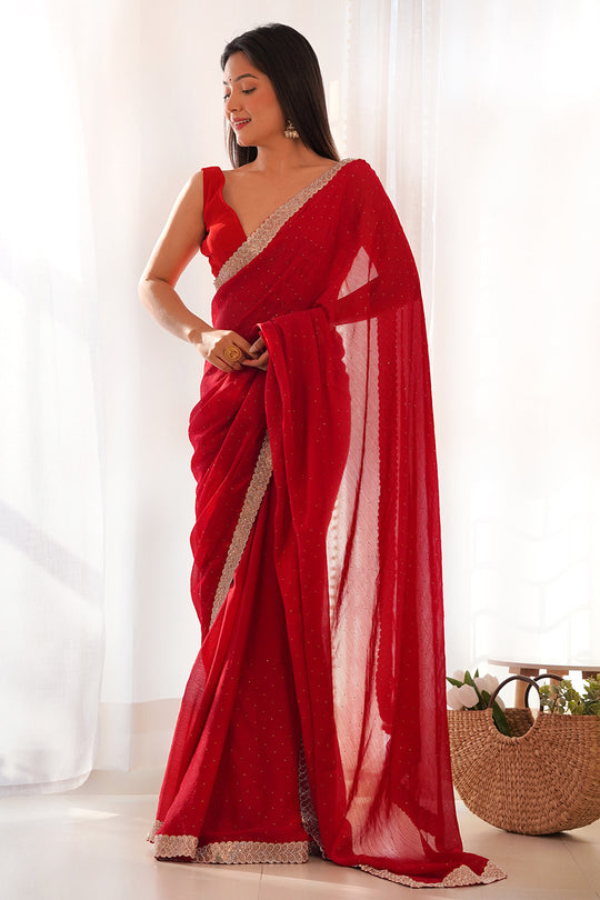Red Satin Saree With Blouse Piece