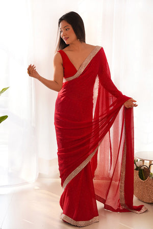 Red Satin Saree With Blouse Piece