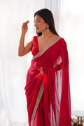 Red Satin Saree With Blouse Piece
