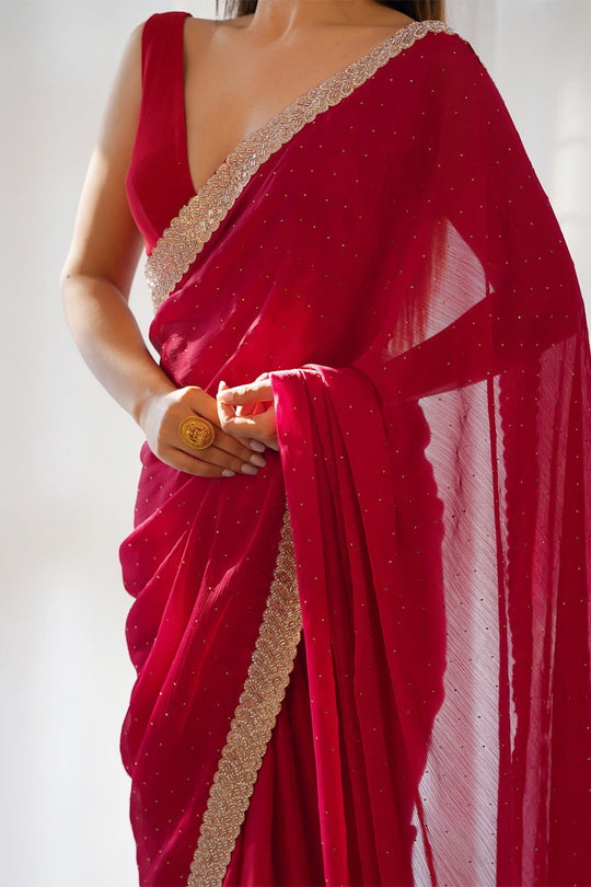 Red Satin Saree With Blouse Piece