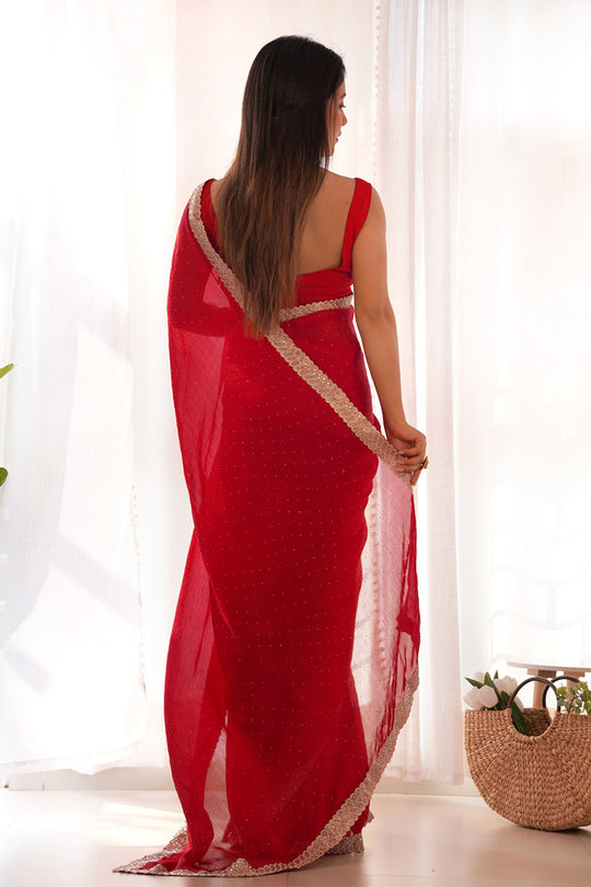 Red Satin Saree With Blouse Piece