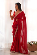 Red Satin Saree With Blouse Piece