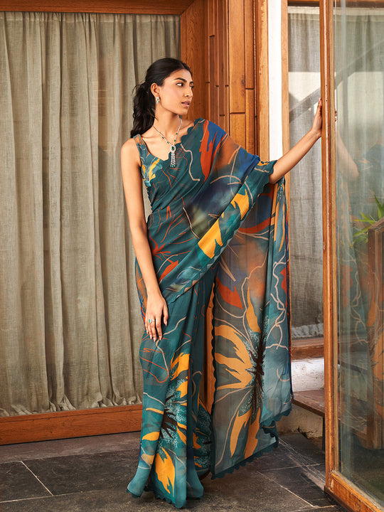 Rama Moss Crepe Saree With Blouse Piece