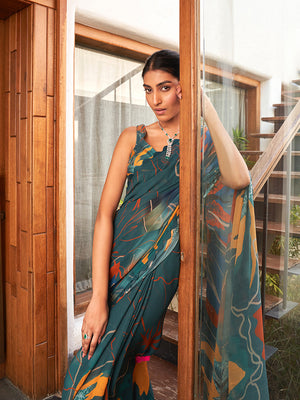 Rama Moss Crepe Saree With Blouse Piece